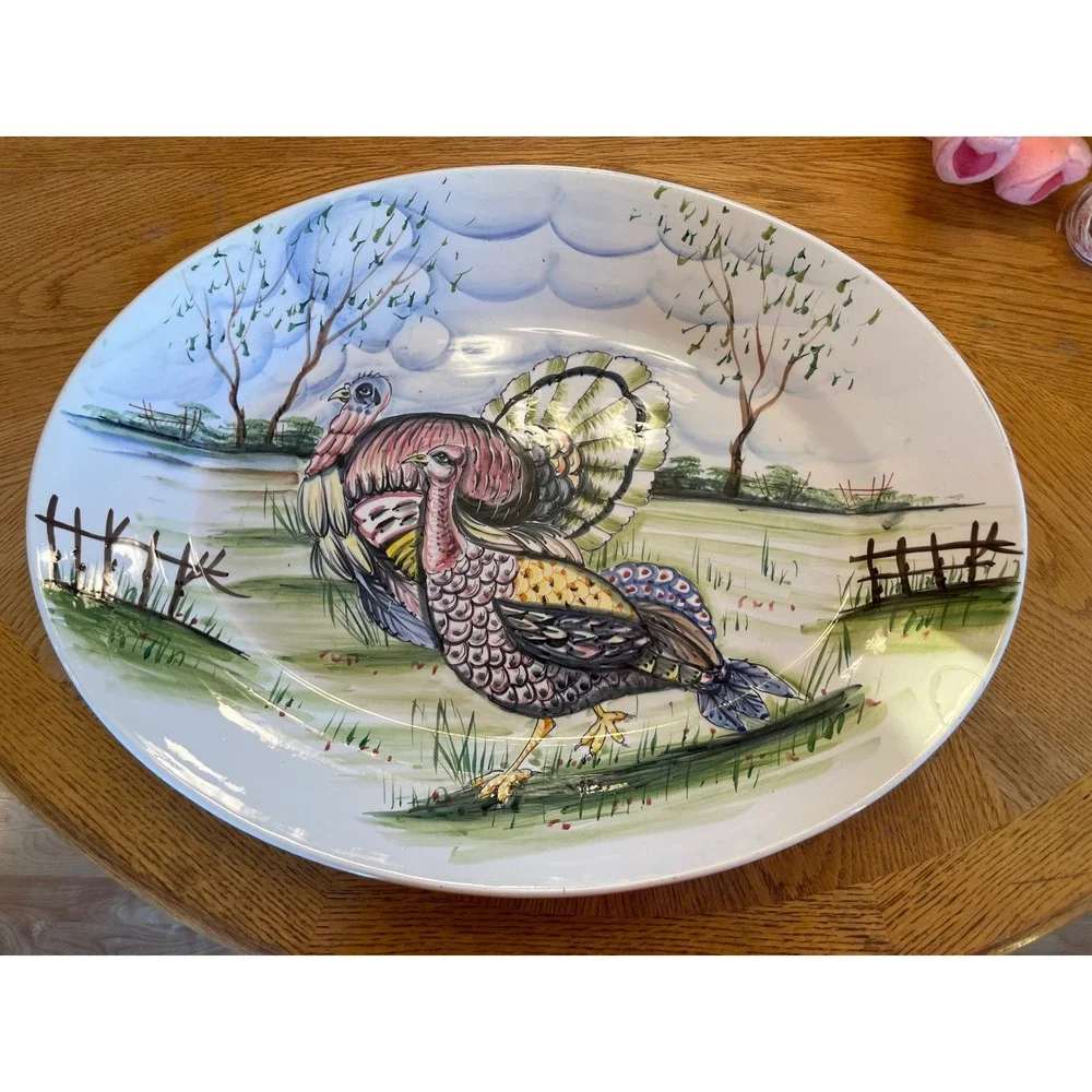 FB Co Italy Hand Painted Turkey Platter Large Oval Thanksgiving Serving Dish